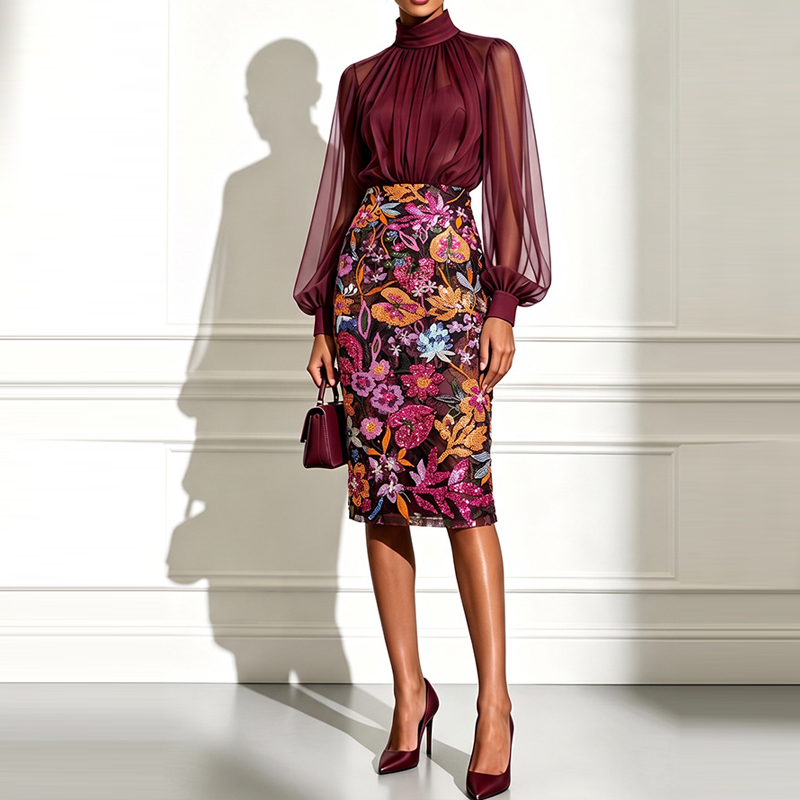 Midi Skirt Floral - Seksowna bluzka z wysokim dekoltem i